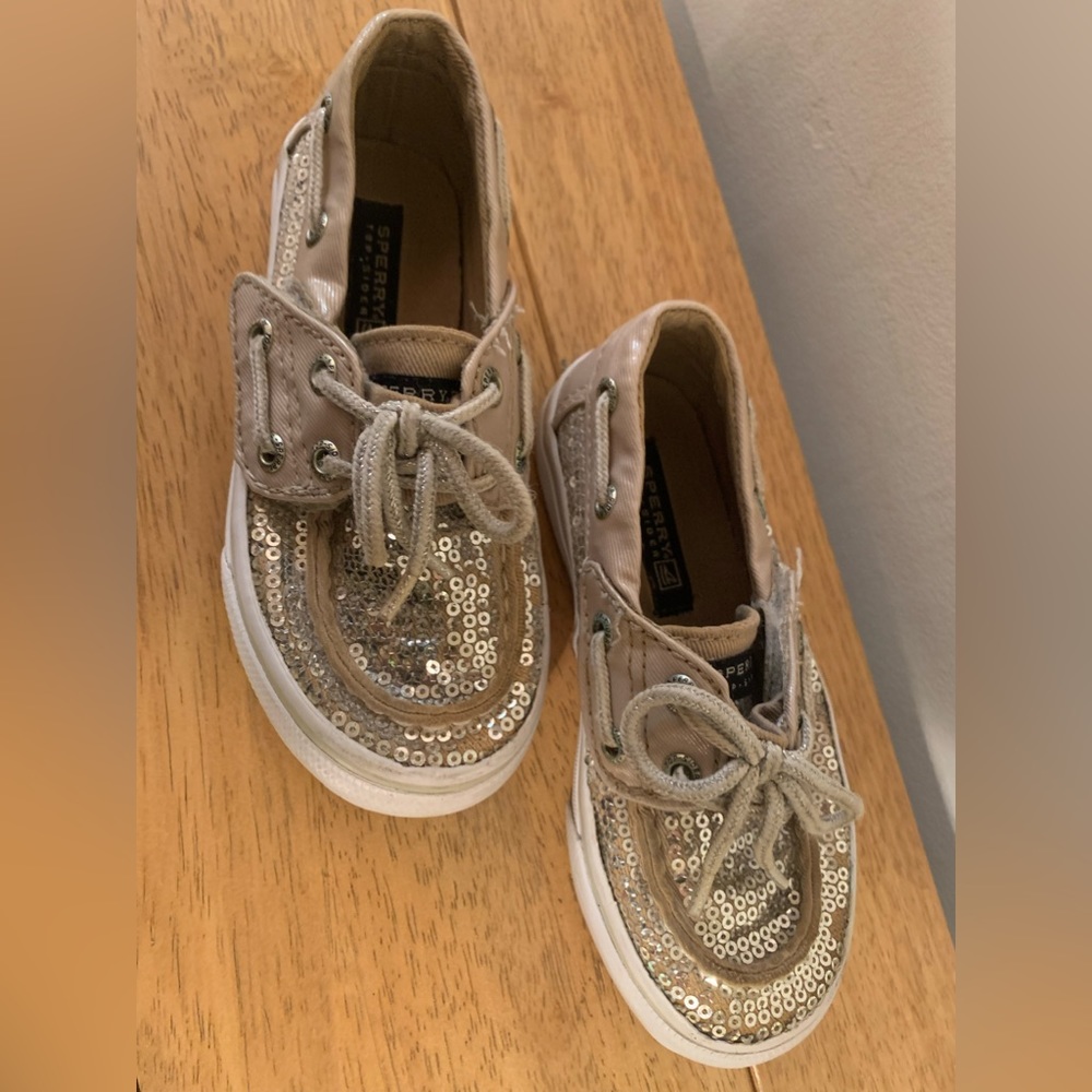 Sperry Bahama Jr Silver Top Sliders Velcro Gold Sequin Toddler Size 8.5M - Picture 3 of 8